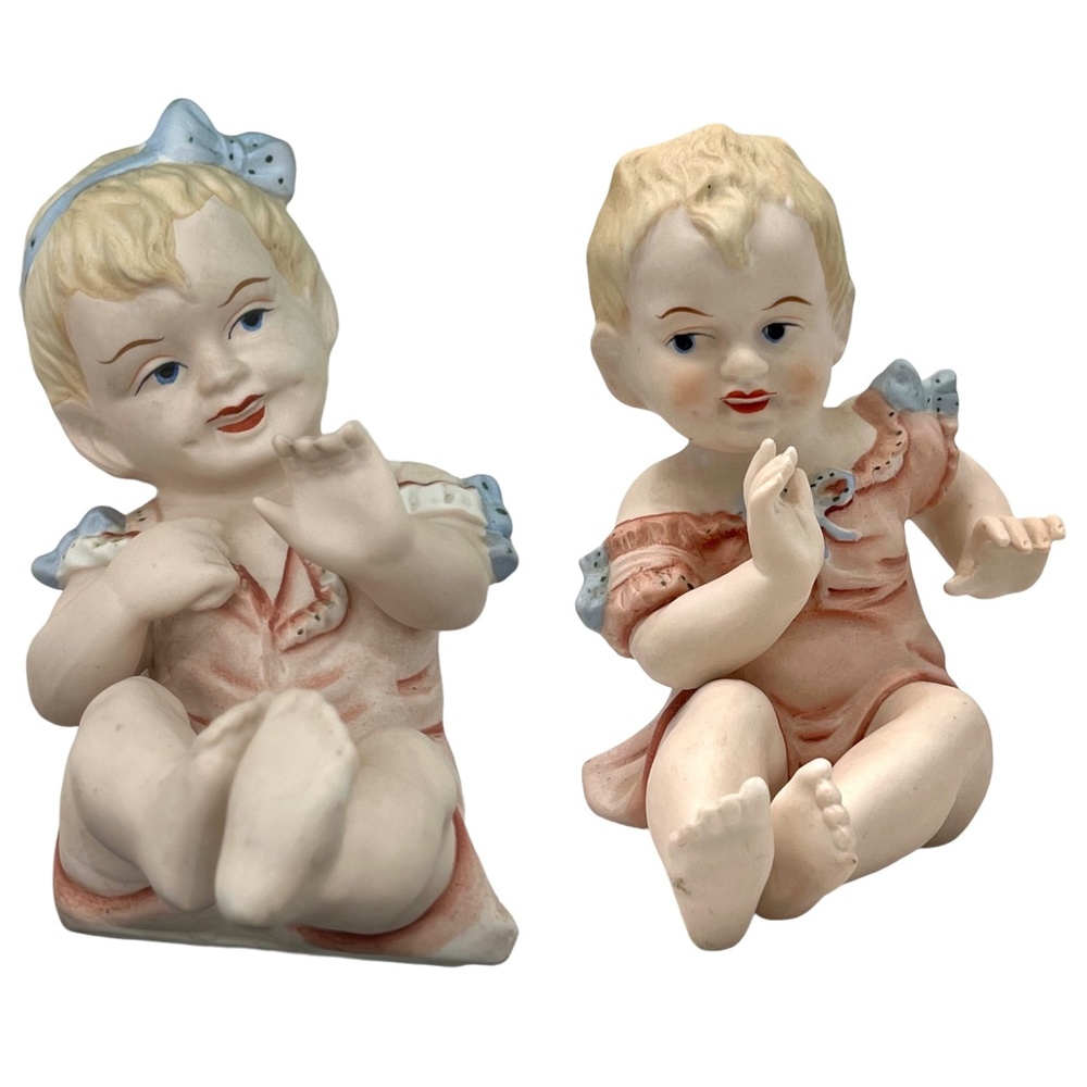 VINTAGE HOMCO OF JAPAN BISQUE PORCELAIN PIANO BABIES - SET OF 2